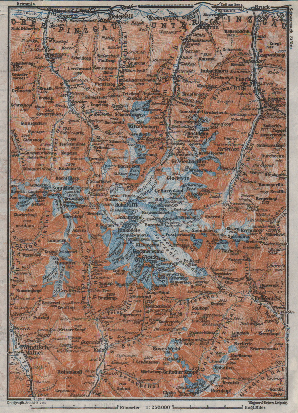 GLOCKNERGRUPPE. HOHE TAUERN. UNTERPINZGAU. Kaprun Matrei Grossdorf 1923 map